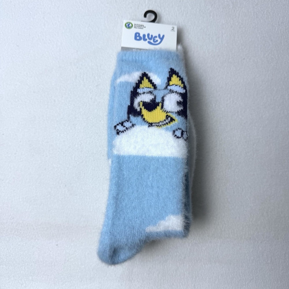 New Bluey Boot Socks Cozy Fuzzy Socks Pom Pom 2 Pairs Shoe Size 4-10 Blue White
